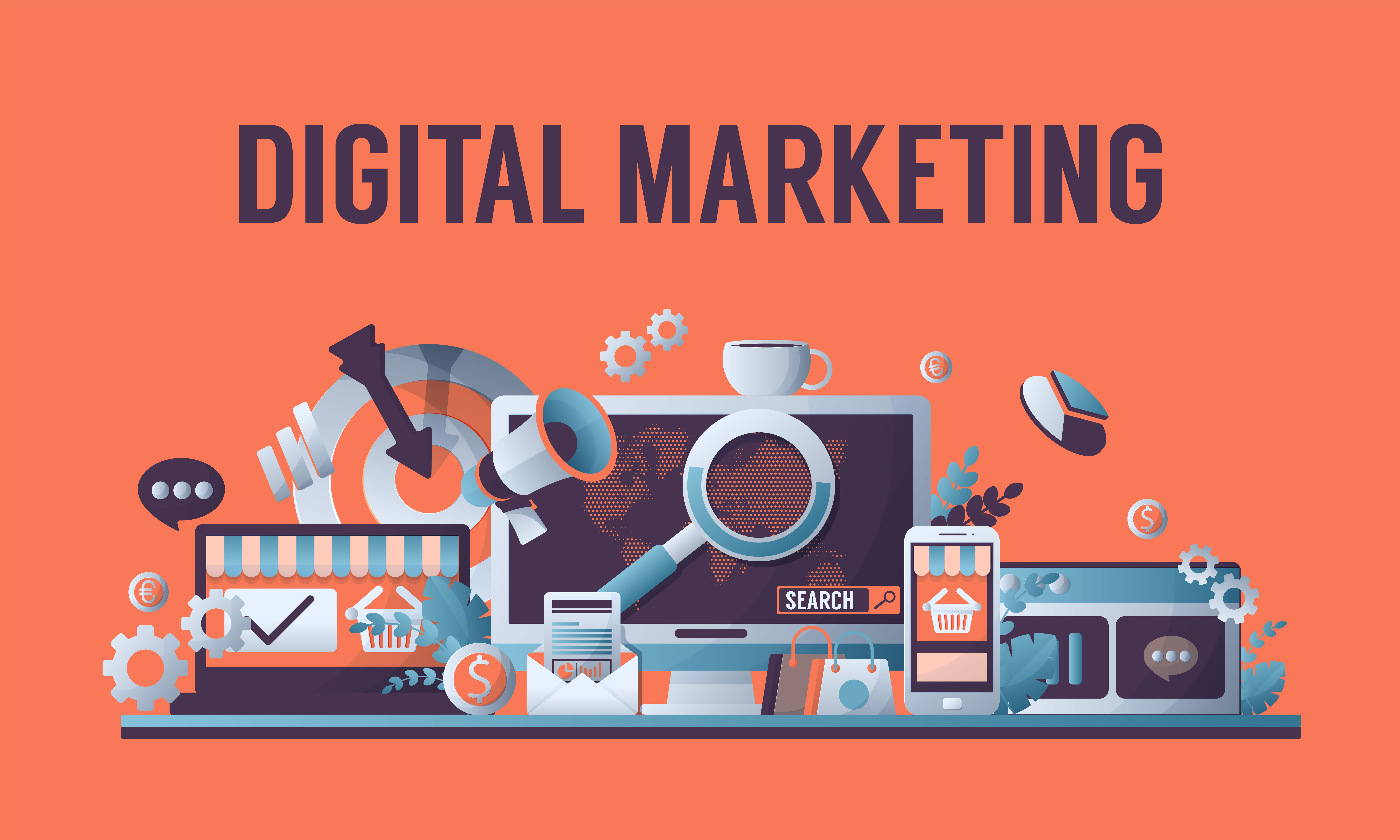 Digital Marketing banner with different devices surrounded by targets, charts, shopping bags, data reports, settings and currencies all with salmon background colour